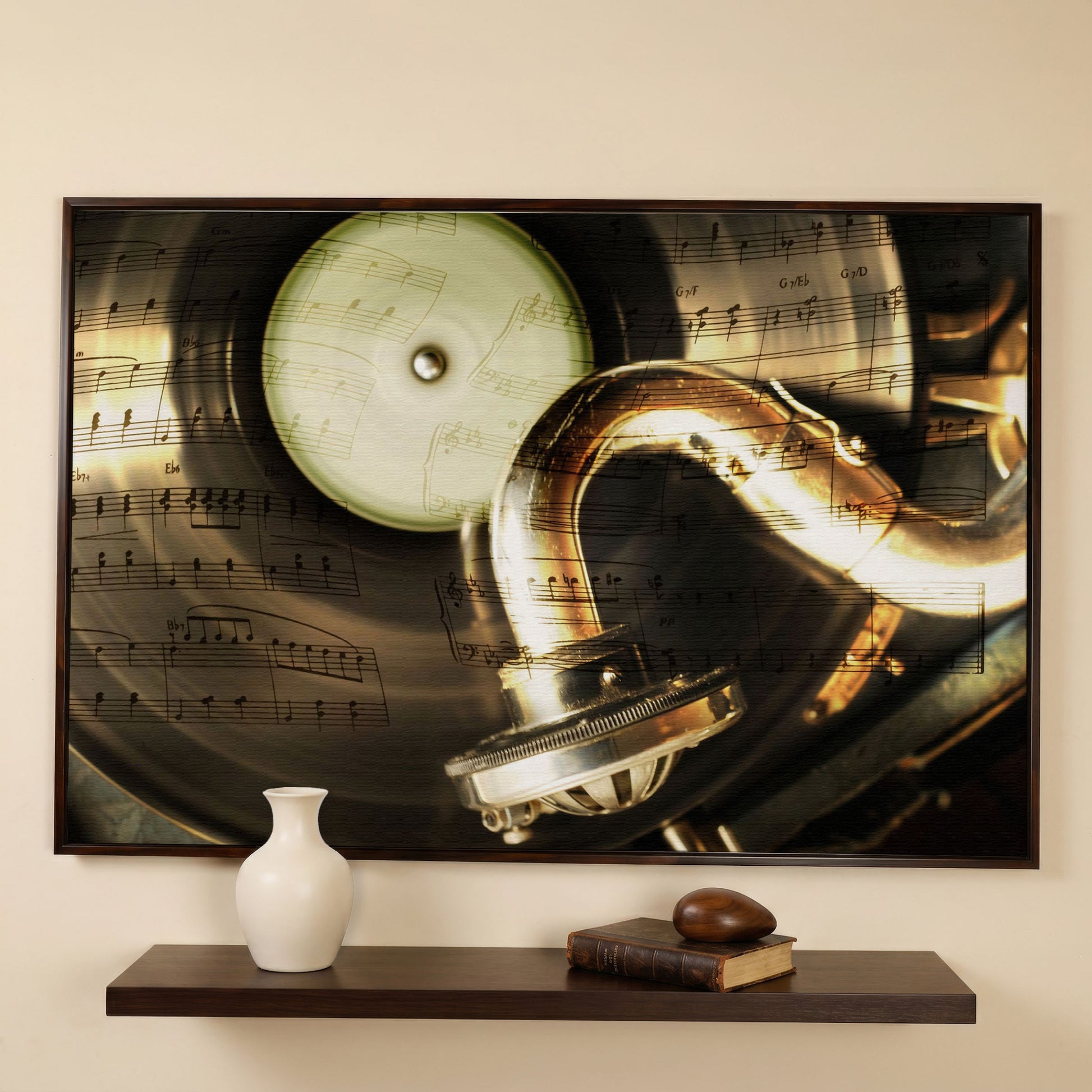 Retro Gramophone with Vinyl Record Canvas in dark walnut floating frame