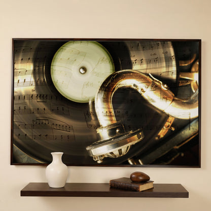 Retro Gramophone with Vinyl Record Canvas in dark walnut floating frame