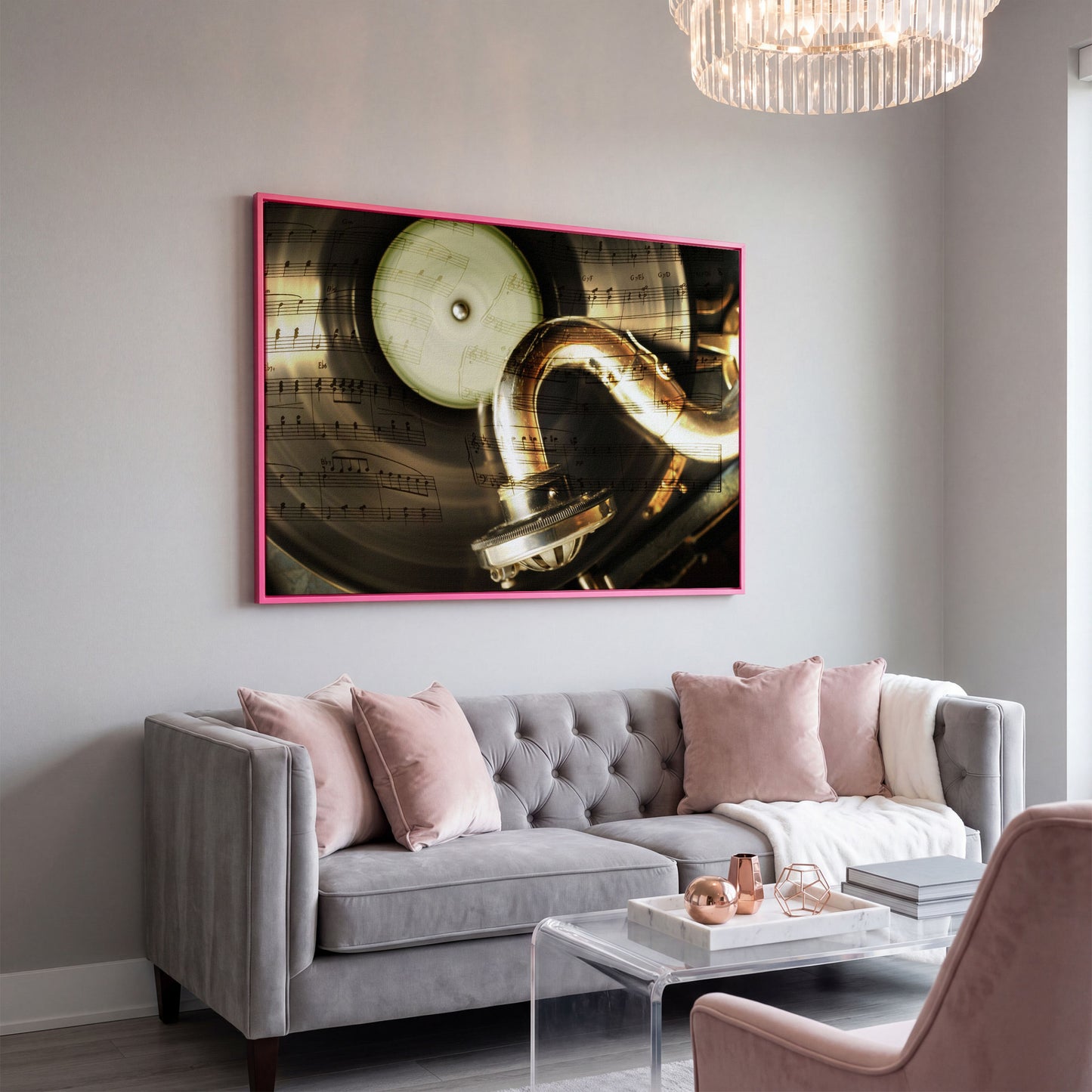 Retro Gramophone with Vinyl Record Canvas in pink floating frame