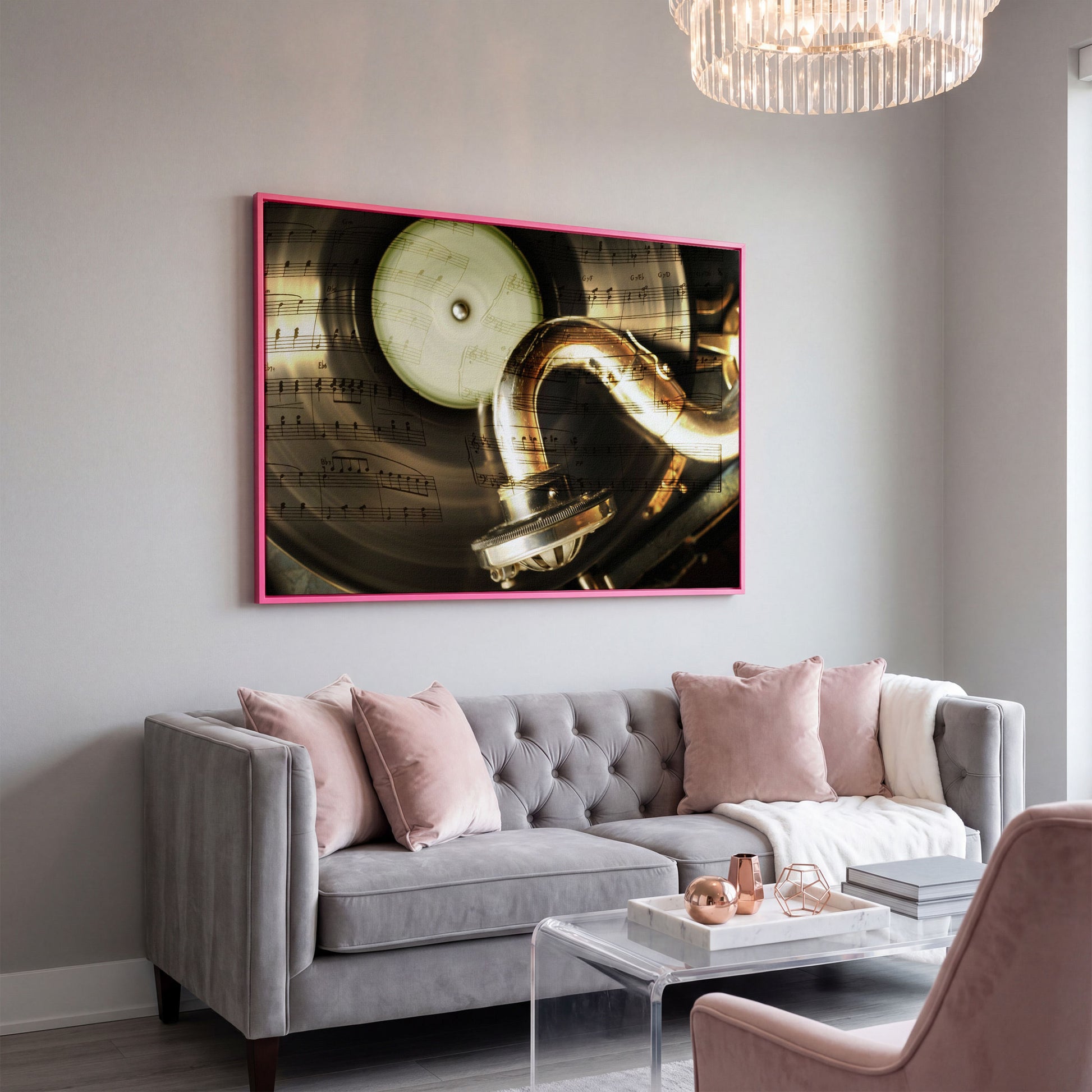 Retro Gramophone with Vinyl Record Canvas in pink floating frame