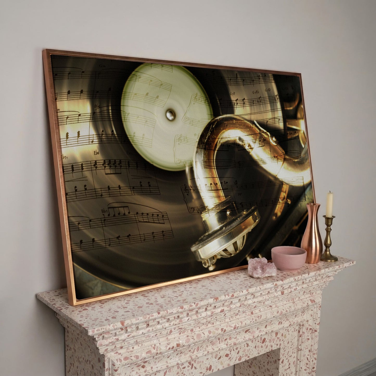 Retro Gramophone with Vinyl Record Canvas in rose gold floating frame