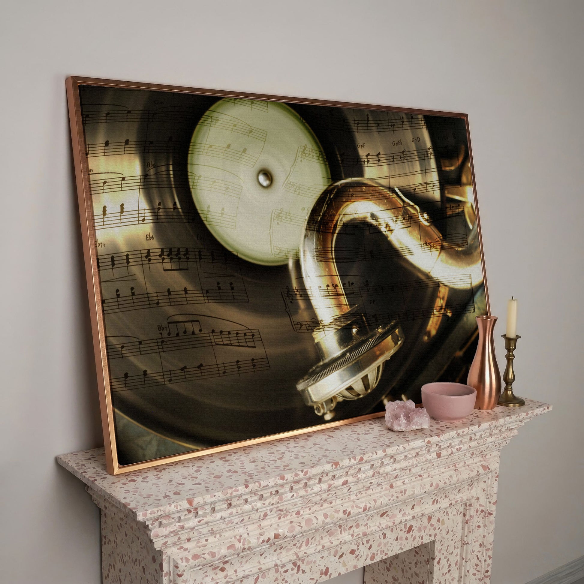 Retro Gramophone with Vinyl Record Canvas in rose gold floating frame