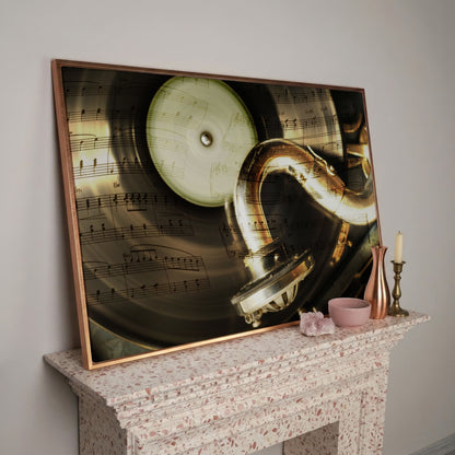 Retro Gramophone with Vinyl Record Canvas in rose gold floating frame