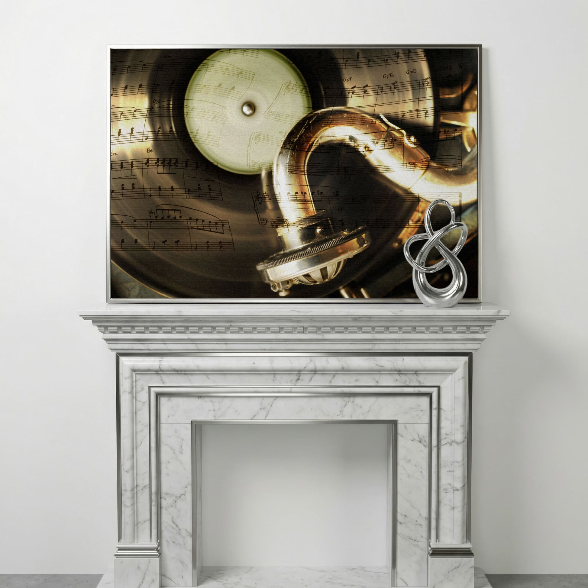 Retro Gramophone with Vinyl Record Canvas in silver floating frame