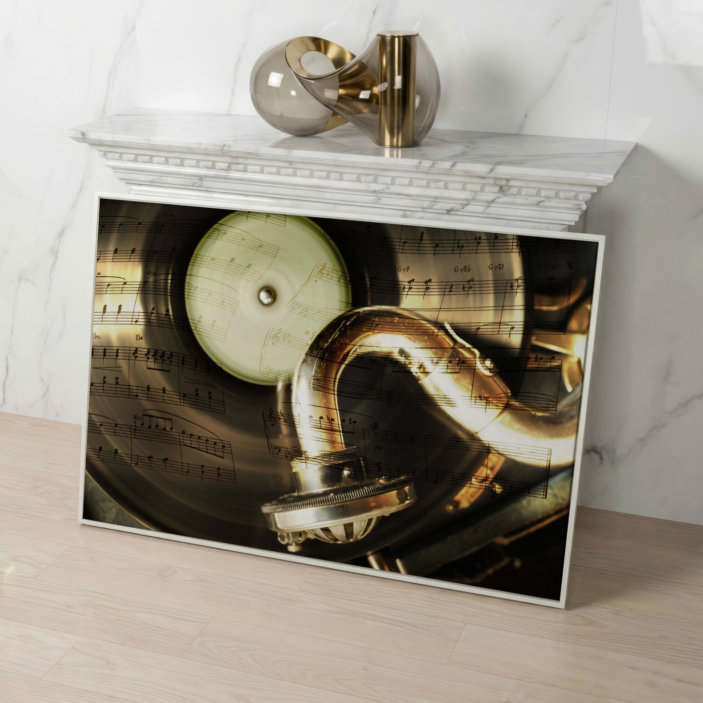 Retro Gramophone with Vinyl Record Canvas in white floating frame