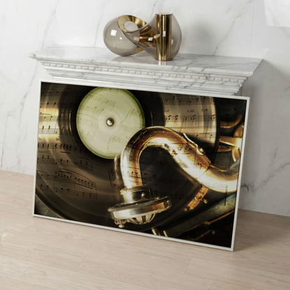 Retro Gramophone with Vinyl Record Canvas in white floating frame