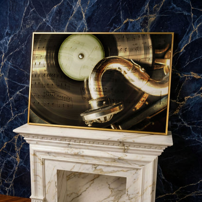 Retro Gramophone with Vinyl Record Canvas in yellow gold floating frame