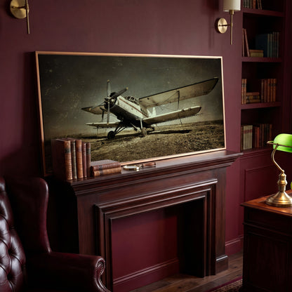 Vintage Airplane Canvas Wall Art, Extra Large in antique gold floating frame