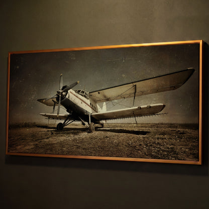 Vintage Airplane Canvas Wall Art, Extra Large shown in antique gold floating frame