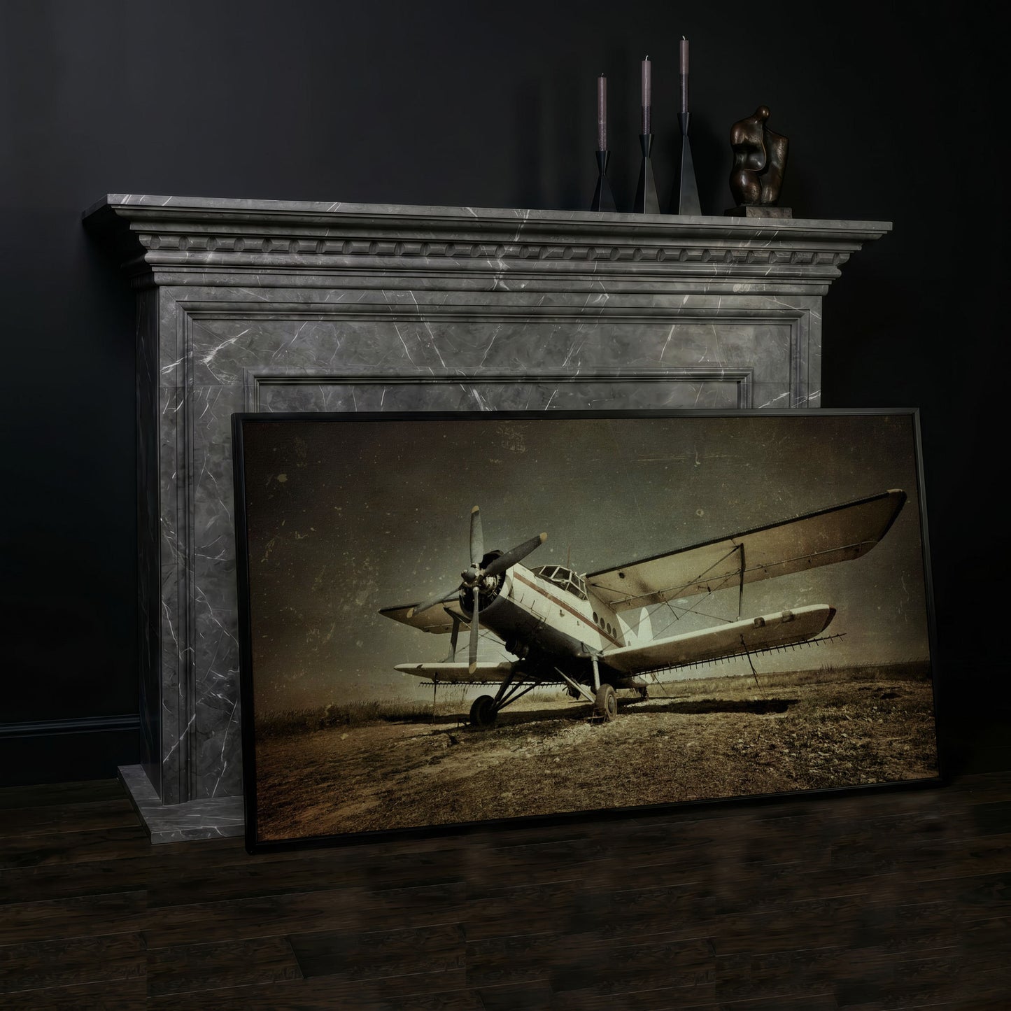 Vintage Airplane Canvas Wall Art, Extra Large in black floating frame