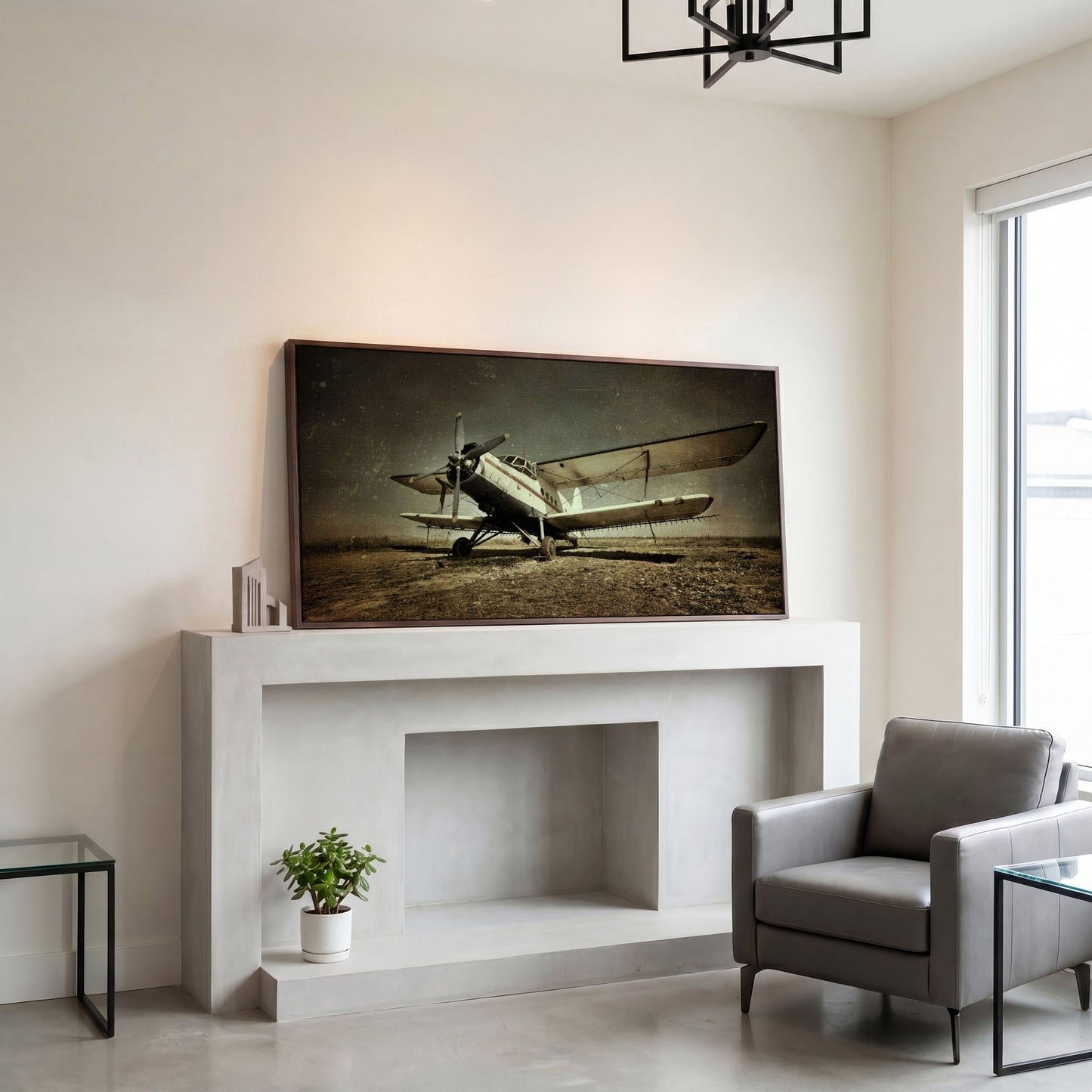 Vintage Airplane Canvas Wall Art, Extra Large in dark walnut floating frame