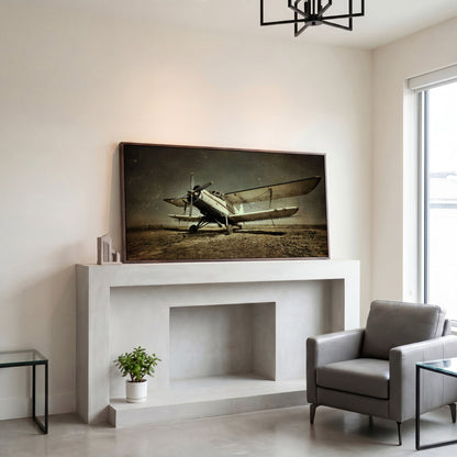 Vintage Airplane Canvas Wall Art, Extra Large in dark walnut floating frame