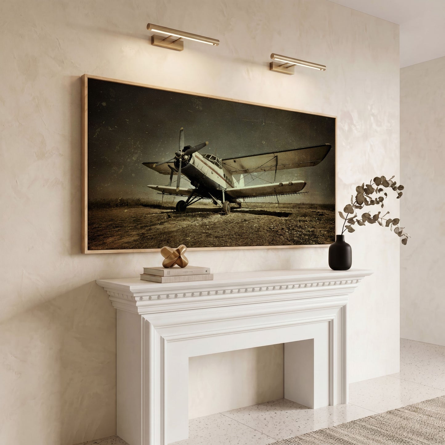 Vintage Airplane Canvas Wall Art, Extra Large in white oak floating frame