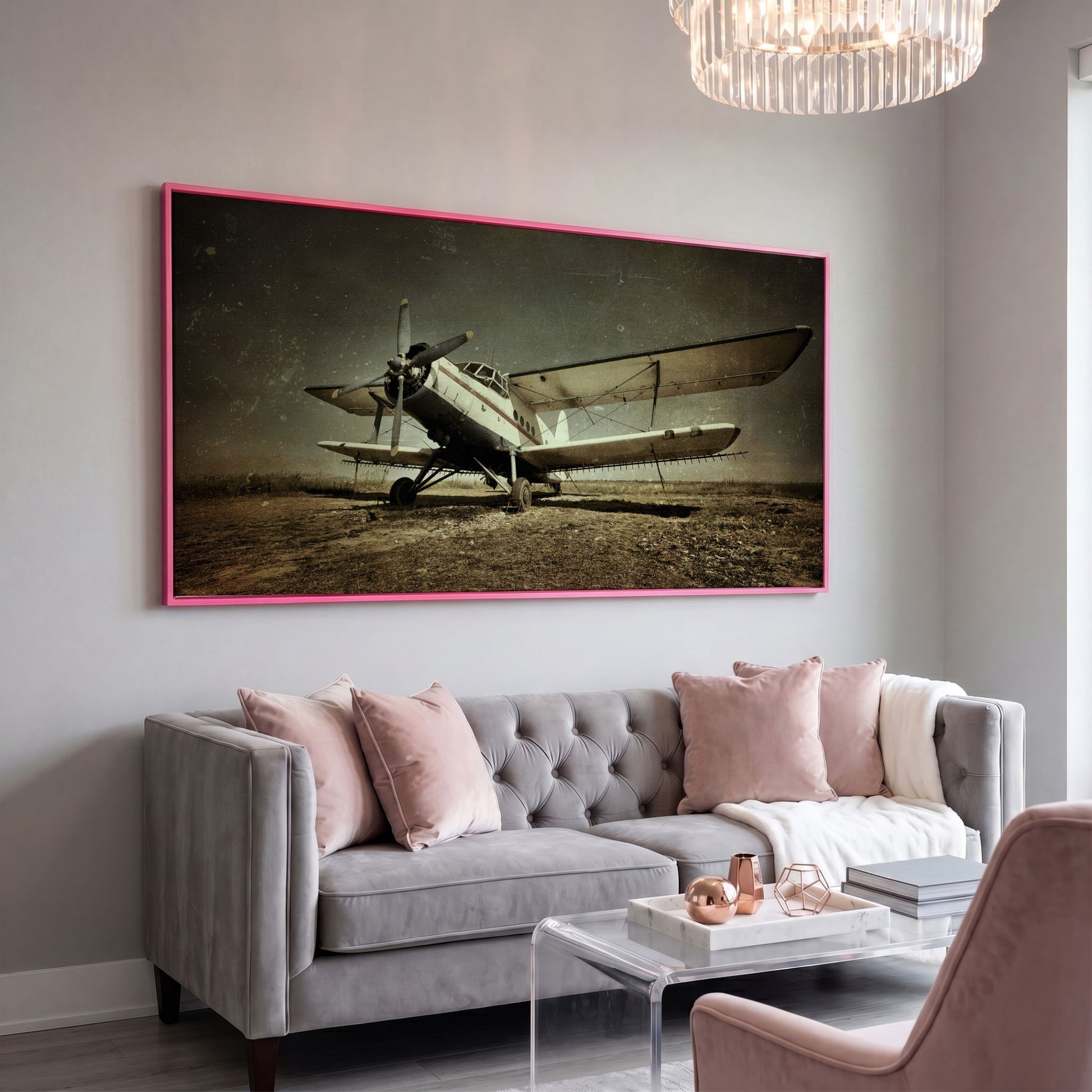 Vintage Airplane Canvas Wall Art, Extra Large in pink floating frame