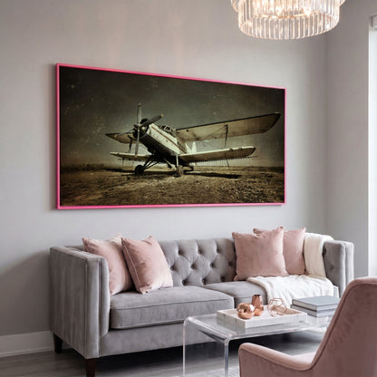Vintage Airplane Canvas Wall Art, Extra Large in pink floating frame