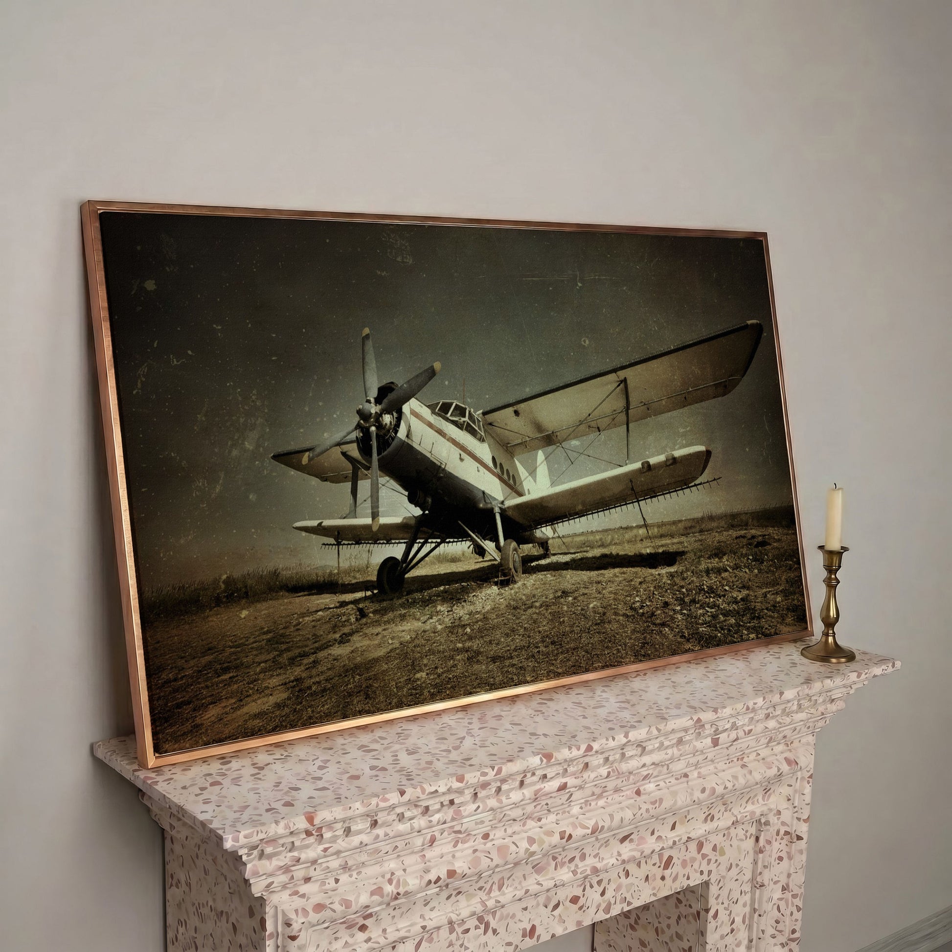 Vintage Airplane Canvas Wall Art, Extra Large in rose gold floating frame