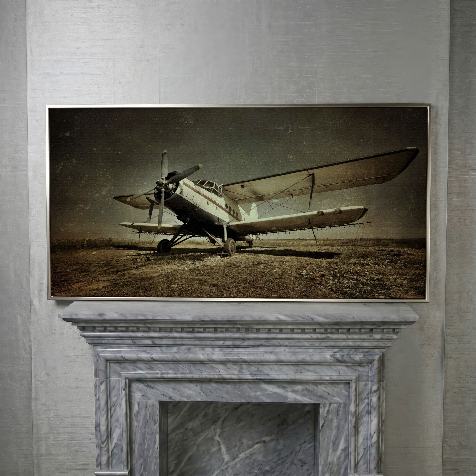 Vintage Airplane Canvas Wall Art, Extra Large in silver floating frame
