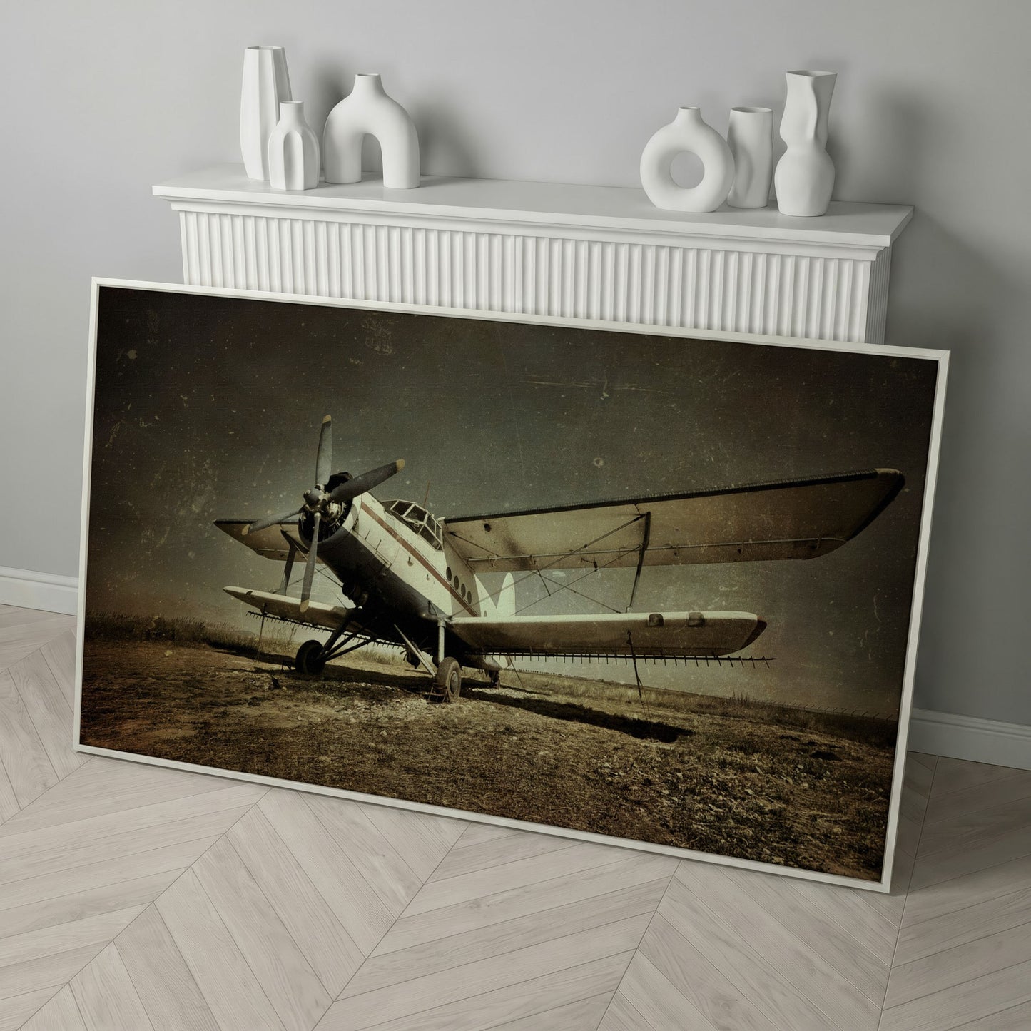 Vintage Airplane Canvas Wall Art, Extra Large in white floating frame
