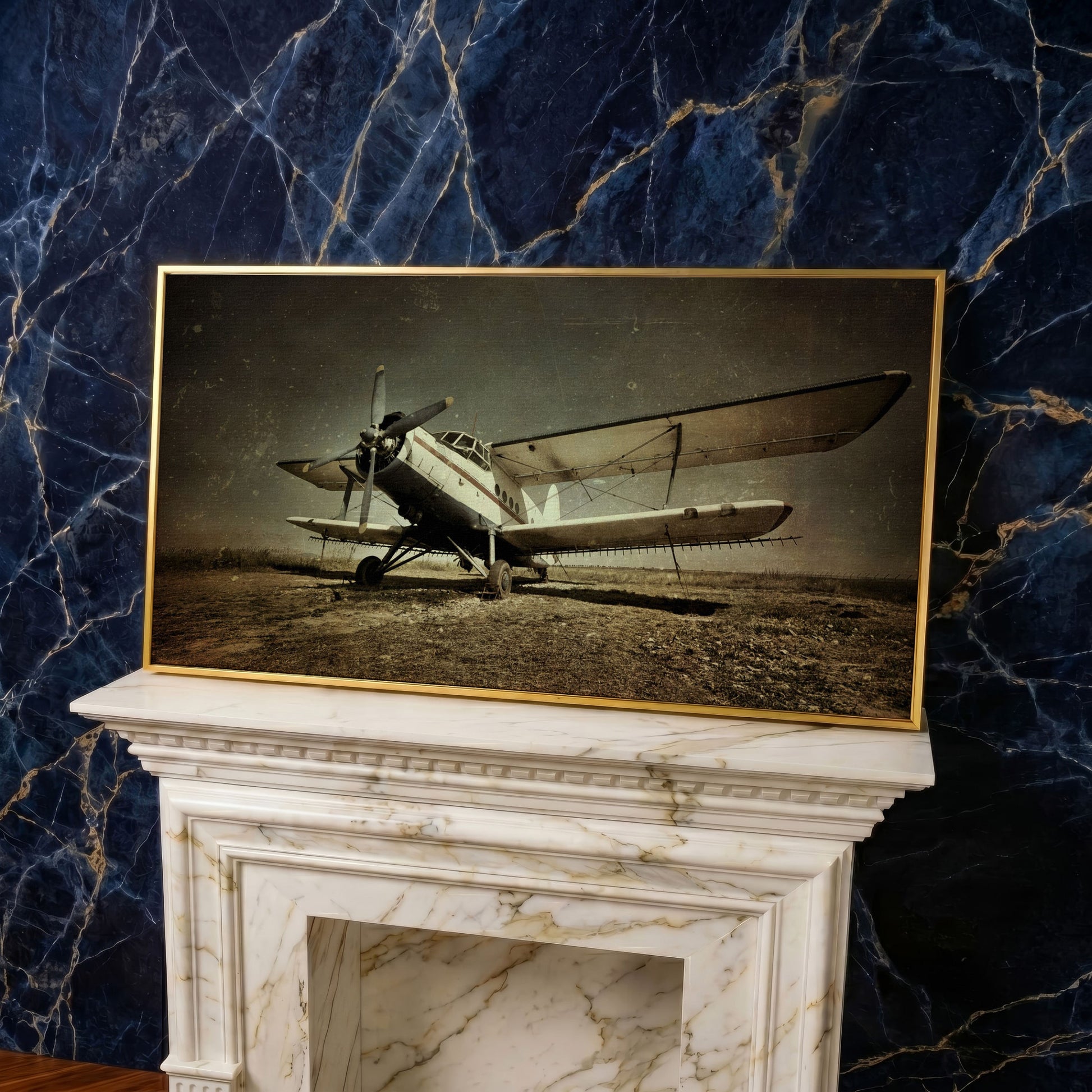 Vintage Airplane Canvas Wall Art, Extra Large in yellow gold floating frame