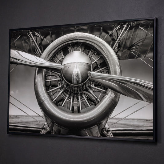 Vintage Airplane Engine Canvas shown in black floating frame