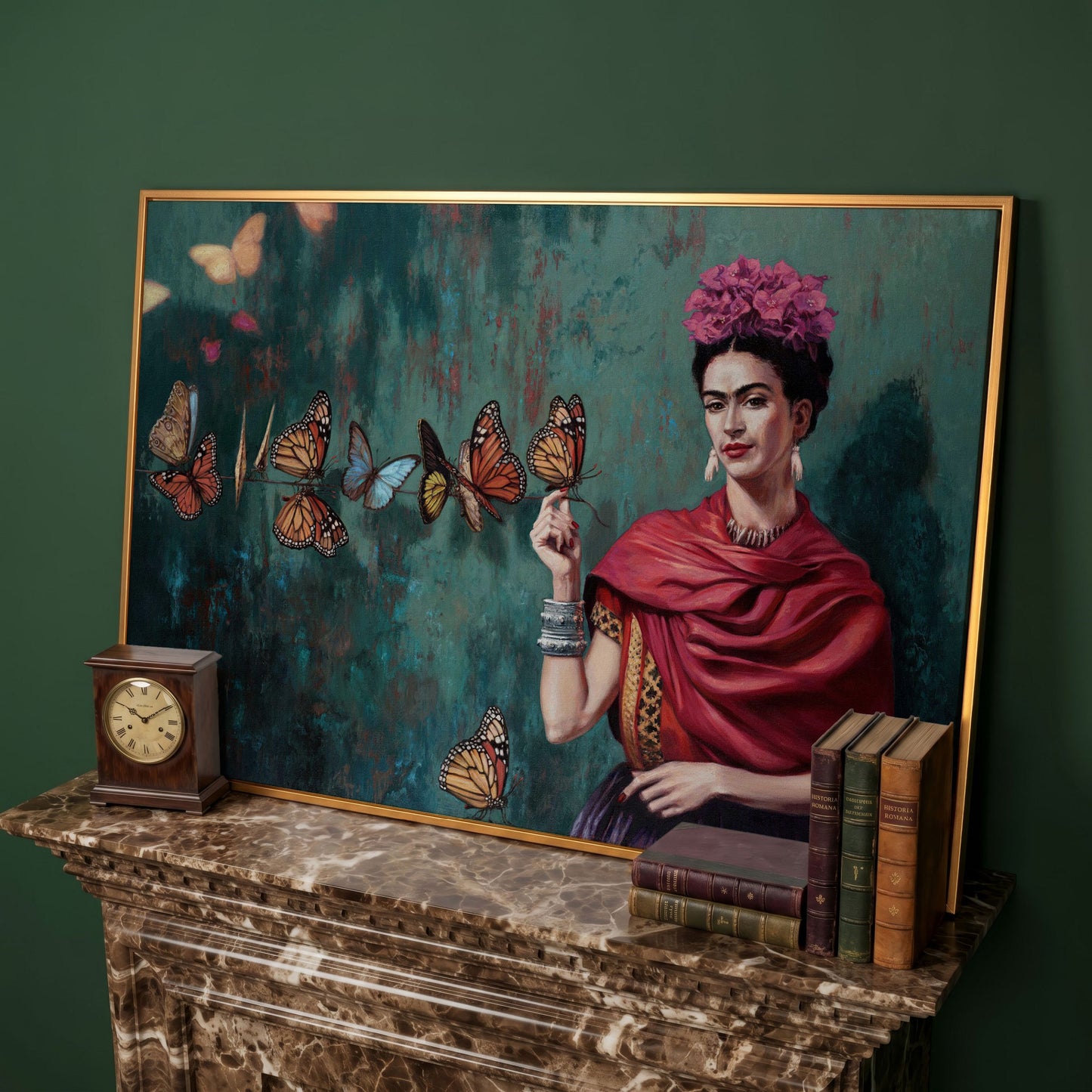 Frida Kahlo with Butterflies Canvas Print in antique gold floating frame