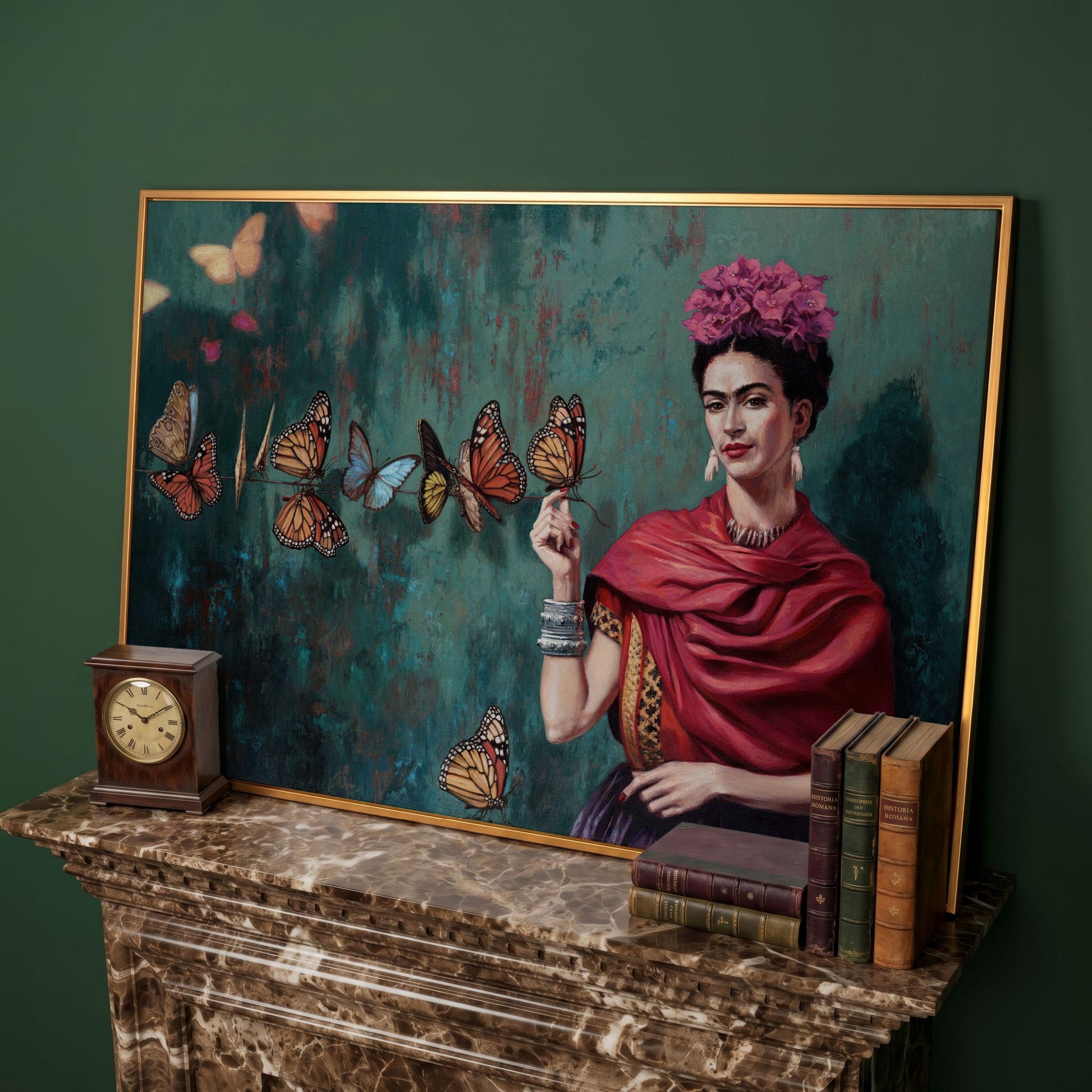 Frida Kahlo with Butterflies Canvas Print in antique gold floating frame