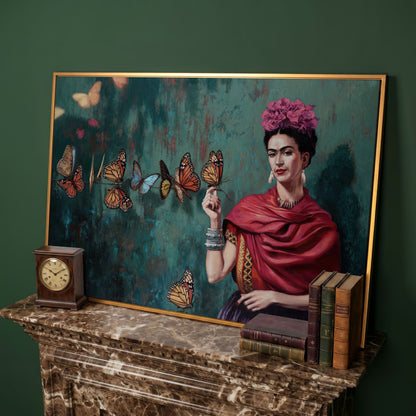 Frida Kahlo with Butterflies Canvas Print in antique gold floating frame