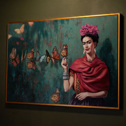 Frida Kahlo with Butterflies Canvas Print shown in antique gold floating frame