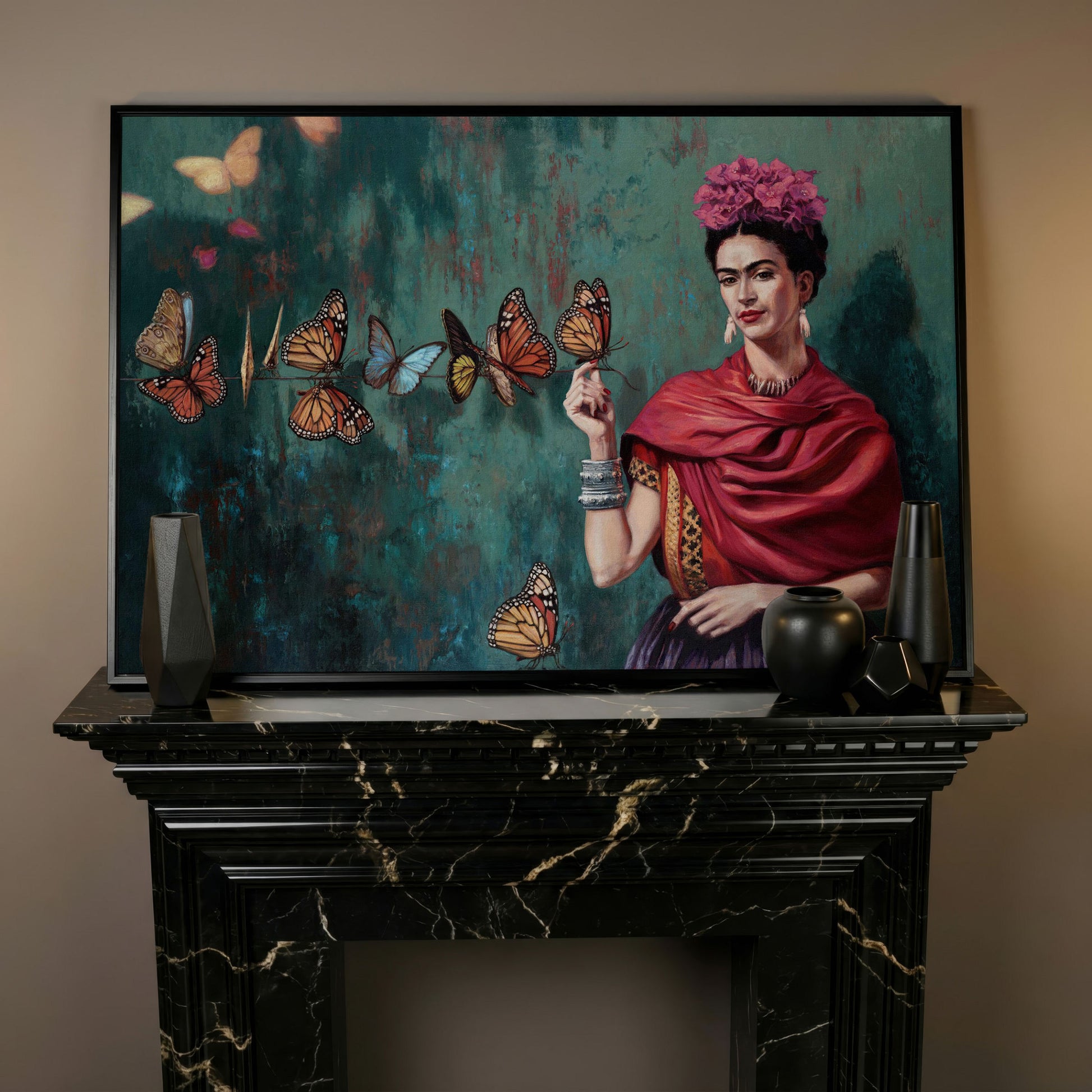 Frida Kahlo with Butterflies Canvas Print in black floating frame