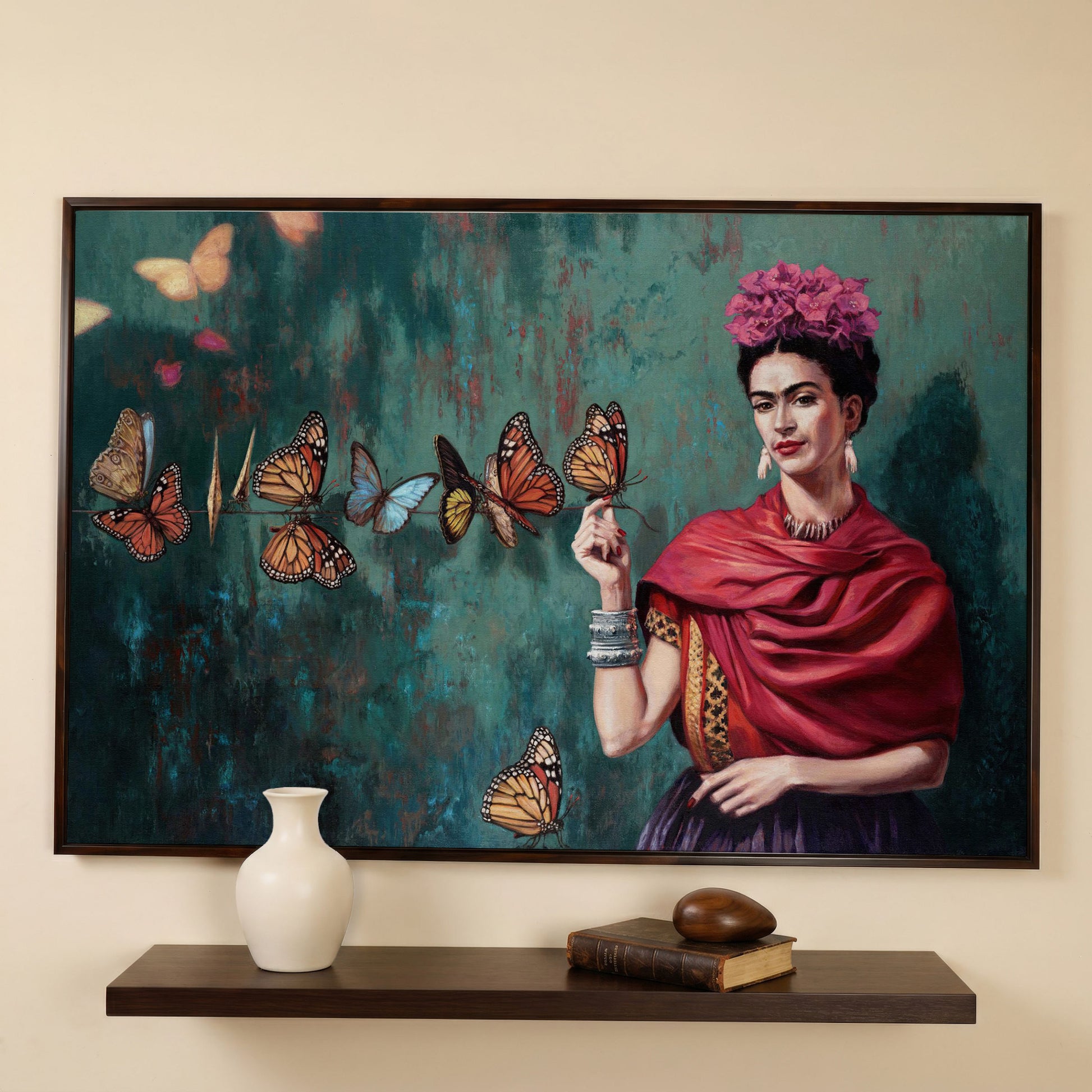 Frida Kahlo with Butterflies Canvas Print in dark walnut floating frame