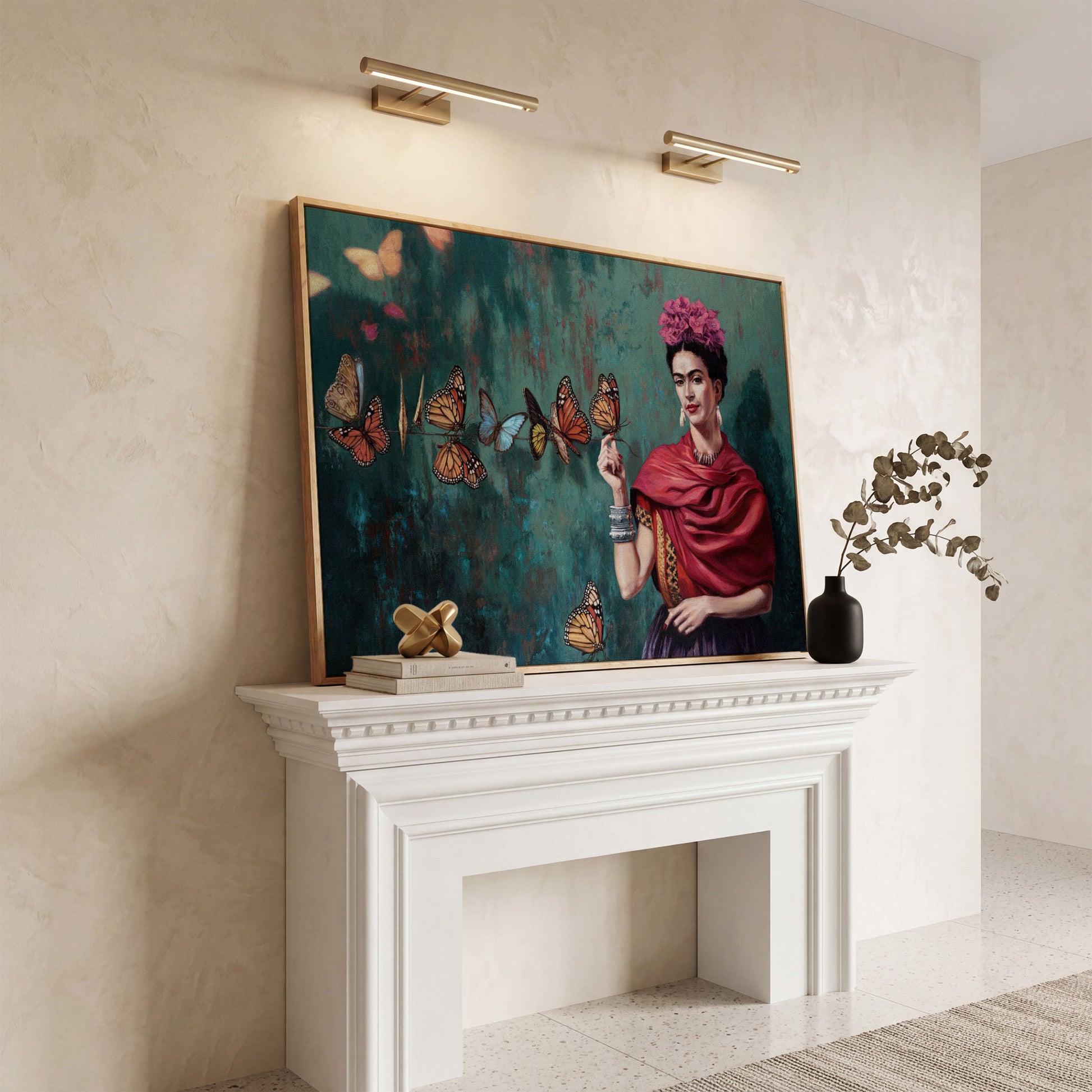 Frida Kahlo with Butterflies Canvas Print in white oak floating frame