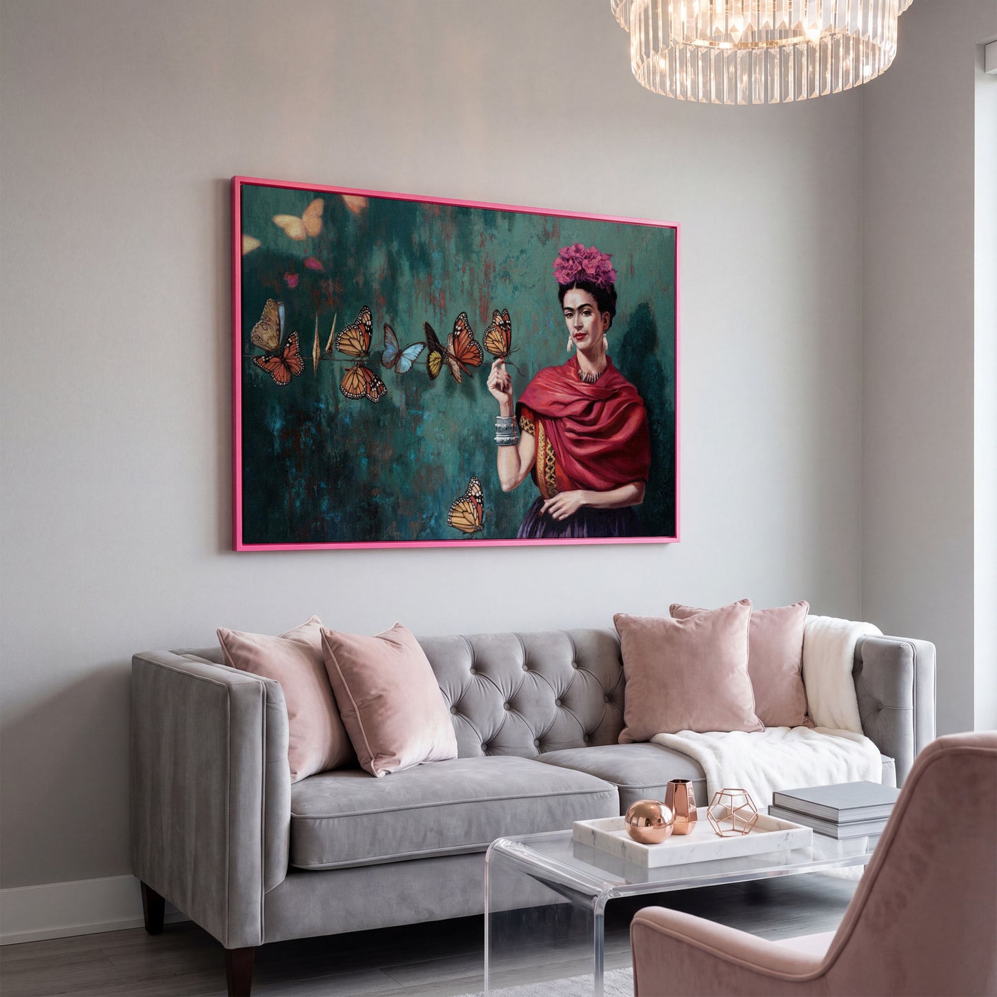 Frida Kahlo with Butterflies Canvas Print in pink floating frame