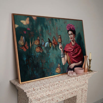 Frida Kahlo with Butterflies Canvas Print in rose gold floating frame