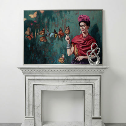 Frida Kahlo with Butterflies Canvas Print in silver floating frame