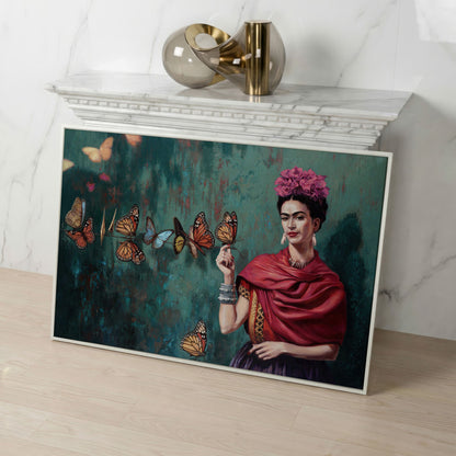 Frida Kahlo with Butterflies Canvas Print in white floating frame