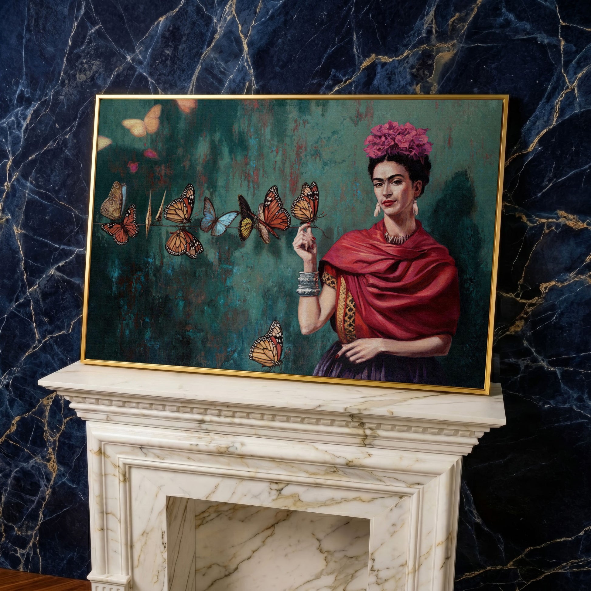 Frida Kahlo with Butterflies Canvas Print in yellow gold floating frame