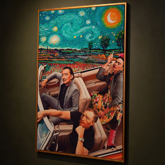 Frida, Van Gogh & Dali in a Convertible Canvas Print shown in antique gold floating frame