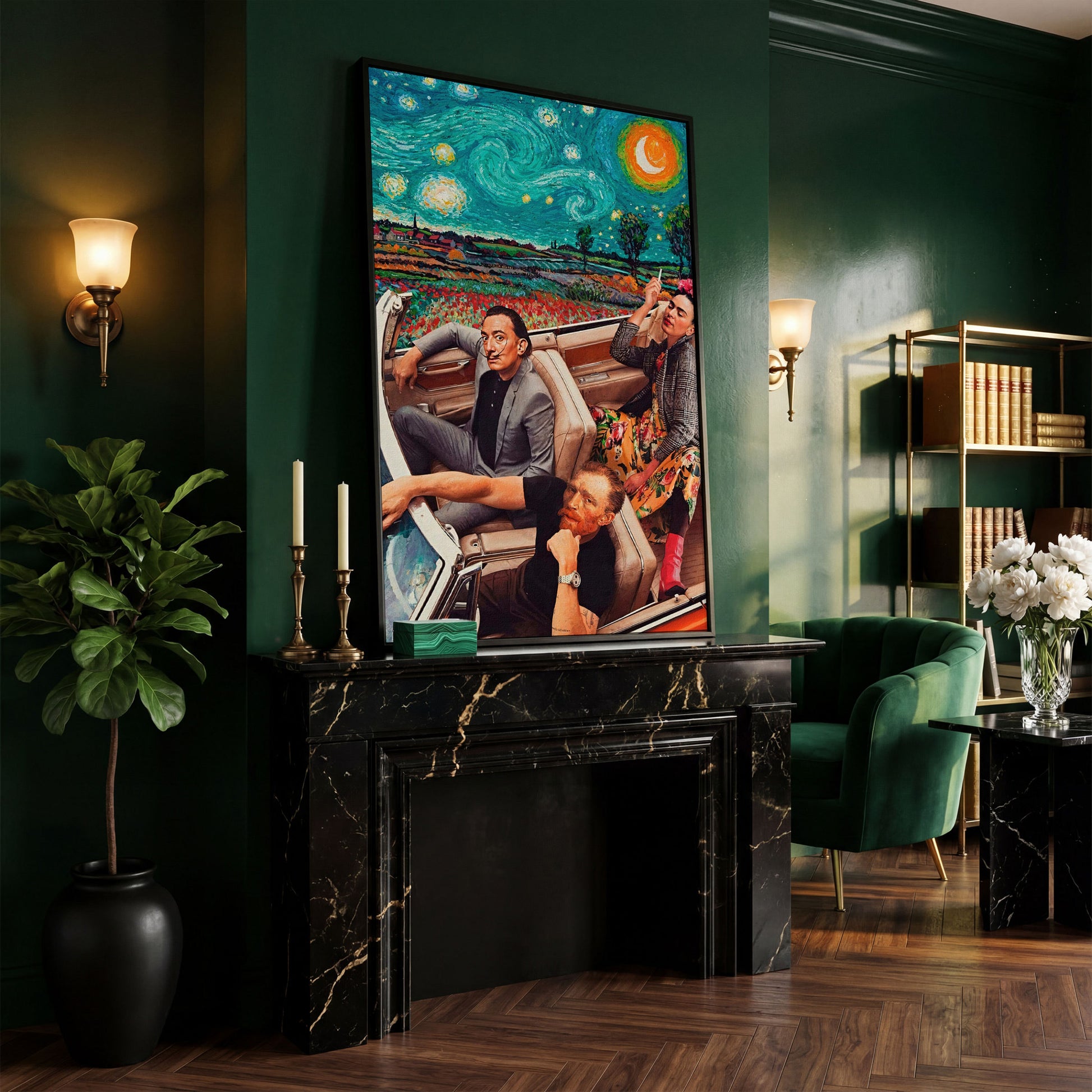 Frida, Van Gogh & Dali in a Convertible Canvas Print in black floating frame