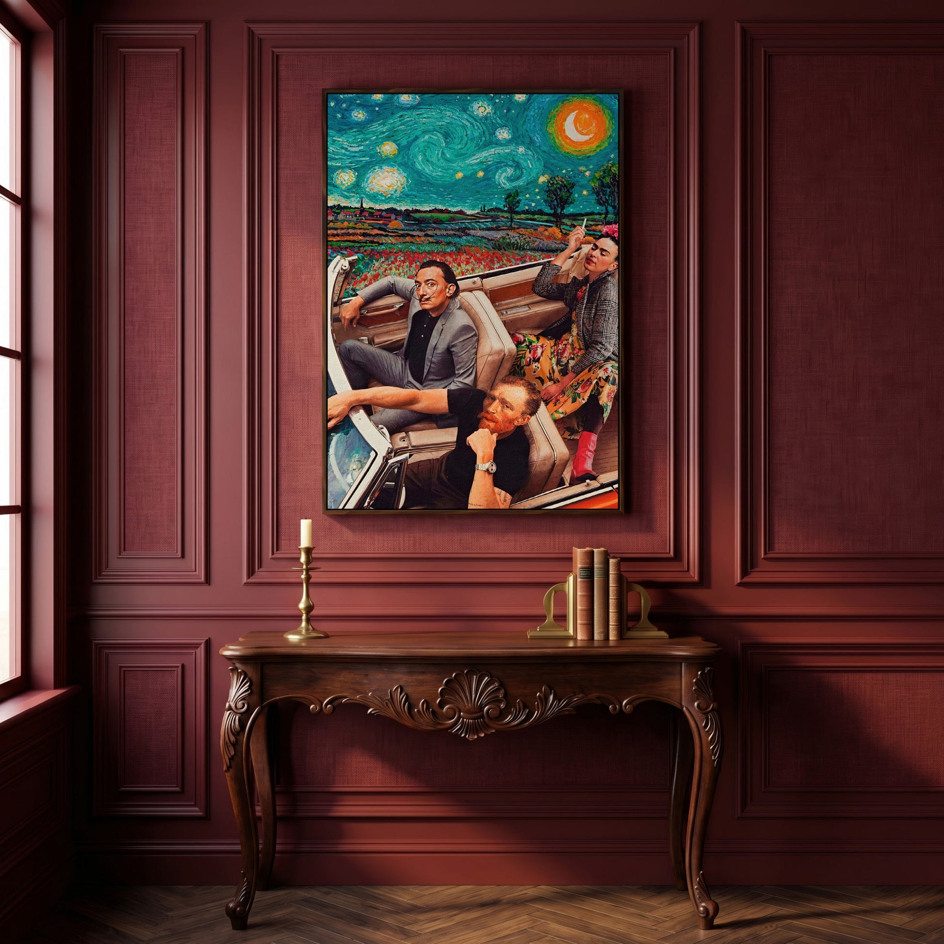 Frida, Van Gogh & Dali in a Convertible Canvas Print in dark walnut floating frame