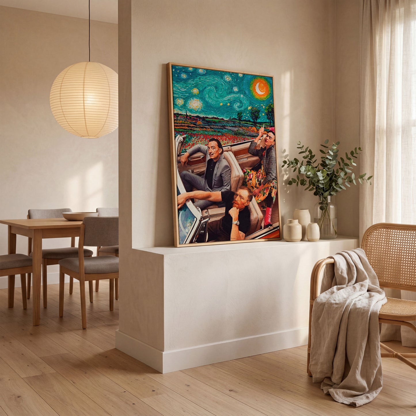 Frida, Van Gogh & Dali in a Convertible Canvas Print in white oak floating frame
