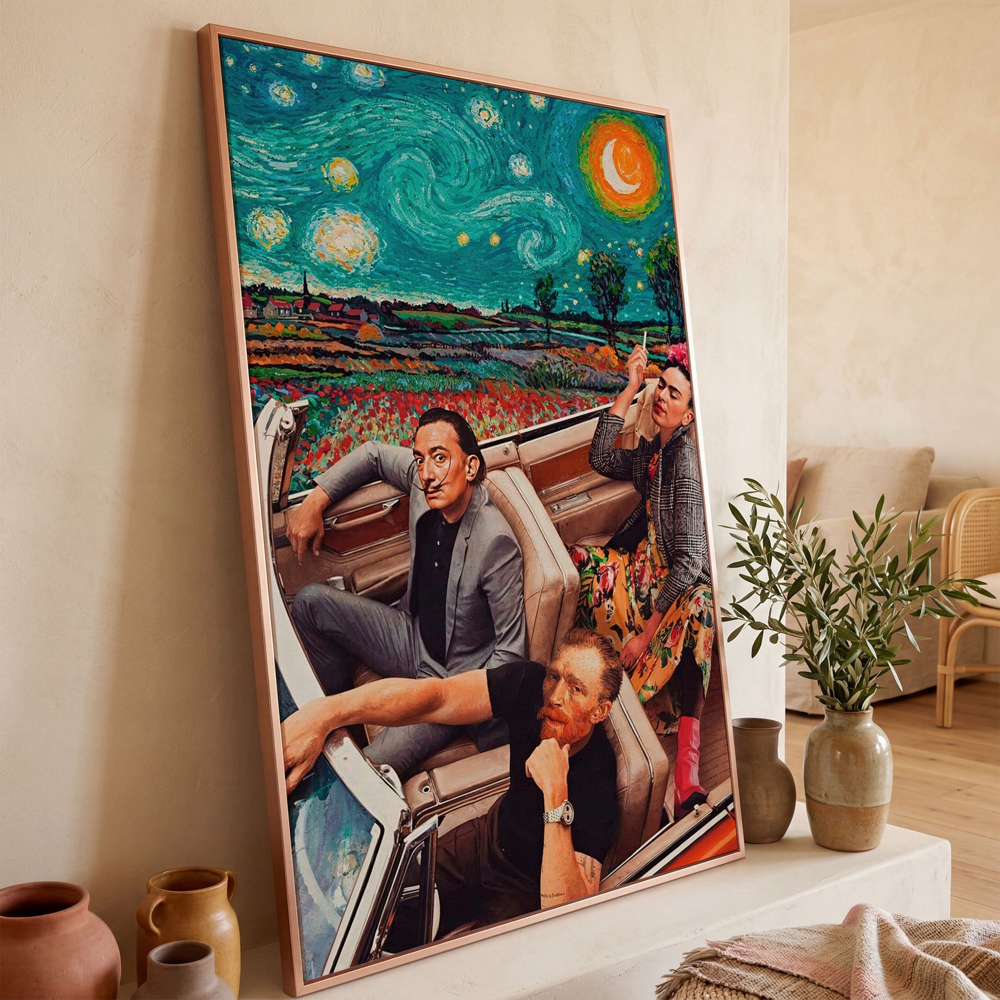 Frida, Van Gogh & Dali in a Convertible Canvas Print in rose gold floating frame