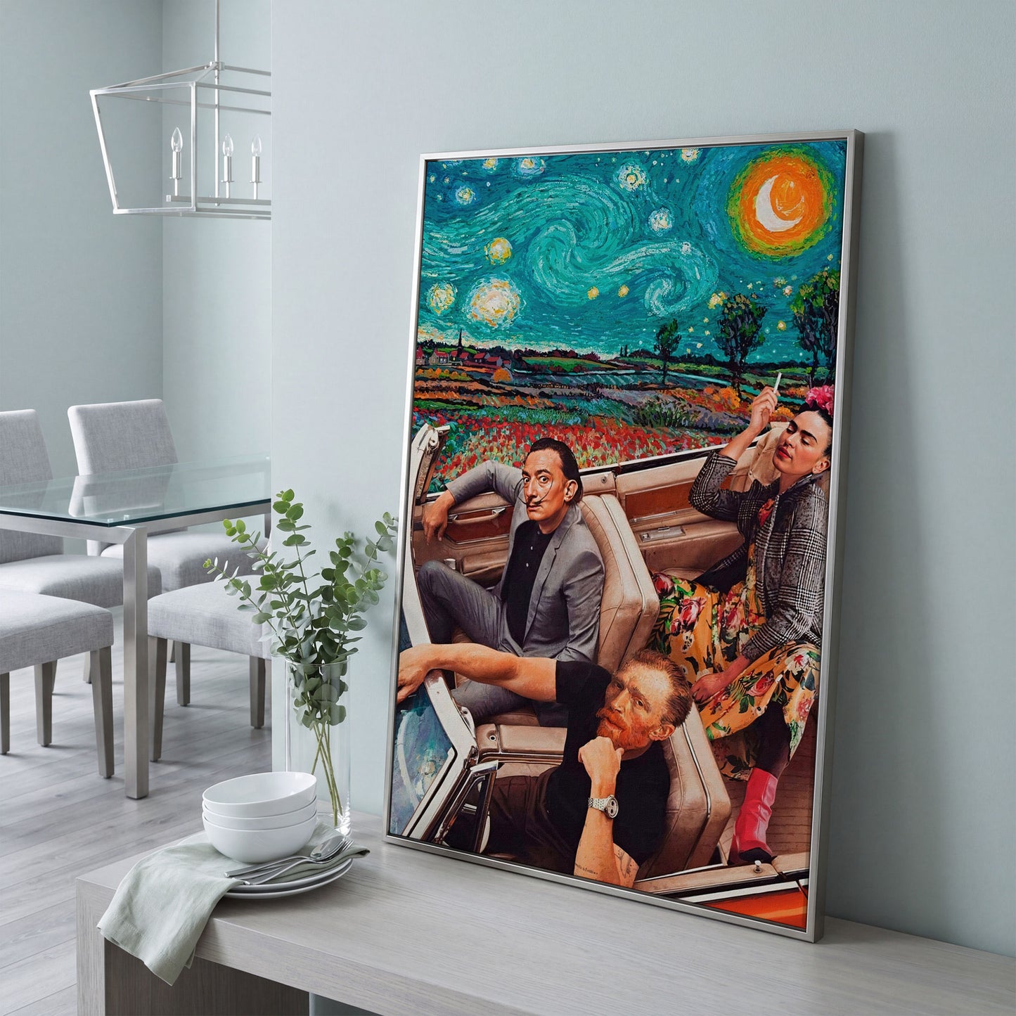 Frida, Van Gogh & Dali in a Convertible Canvas Print in silver floating frame