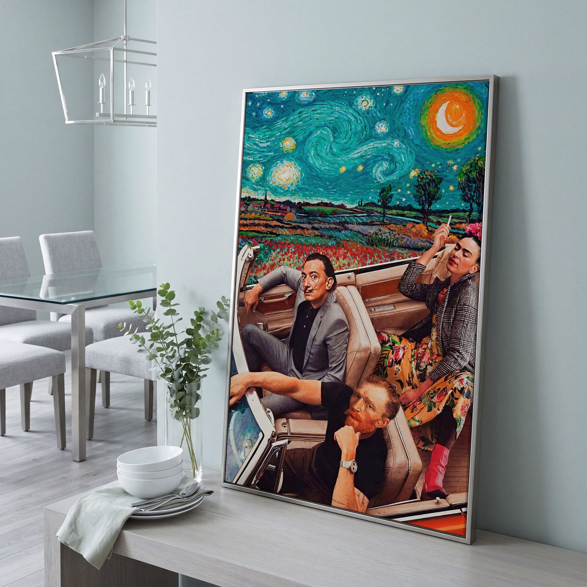 Frida, Van Gogh & Dali in a Convertible Canvas Print in silver floating frame