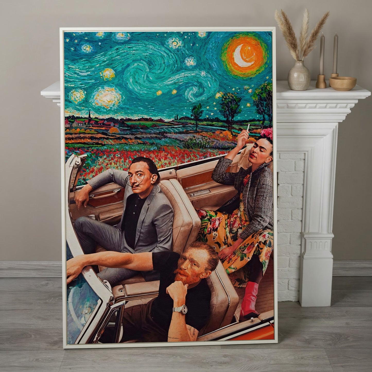 Frida, Van Gogh & Dali in a Convertible Canvas Print in white floating frame