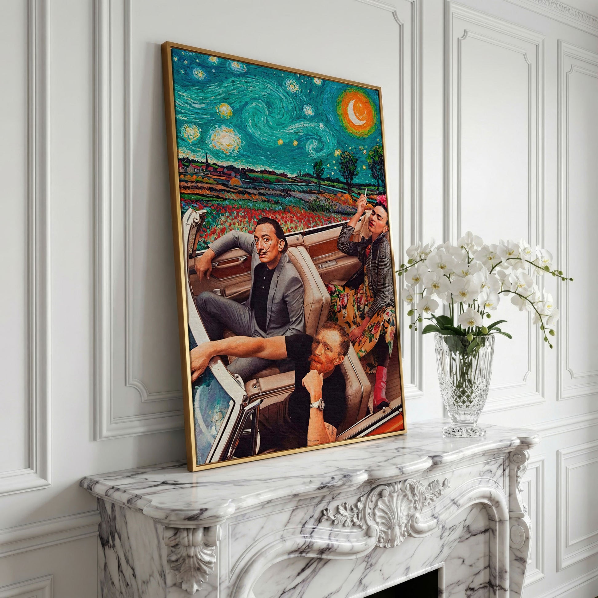 Frida, Van Gogh & Dali in a Convertible Canvas Print in yellow gold floating frame