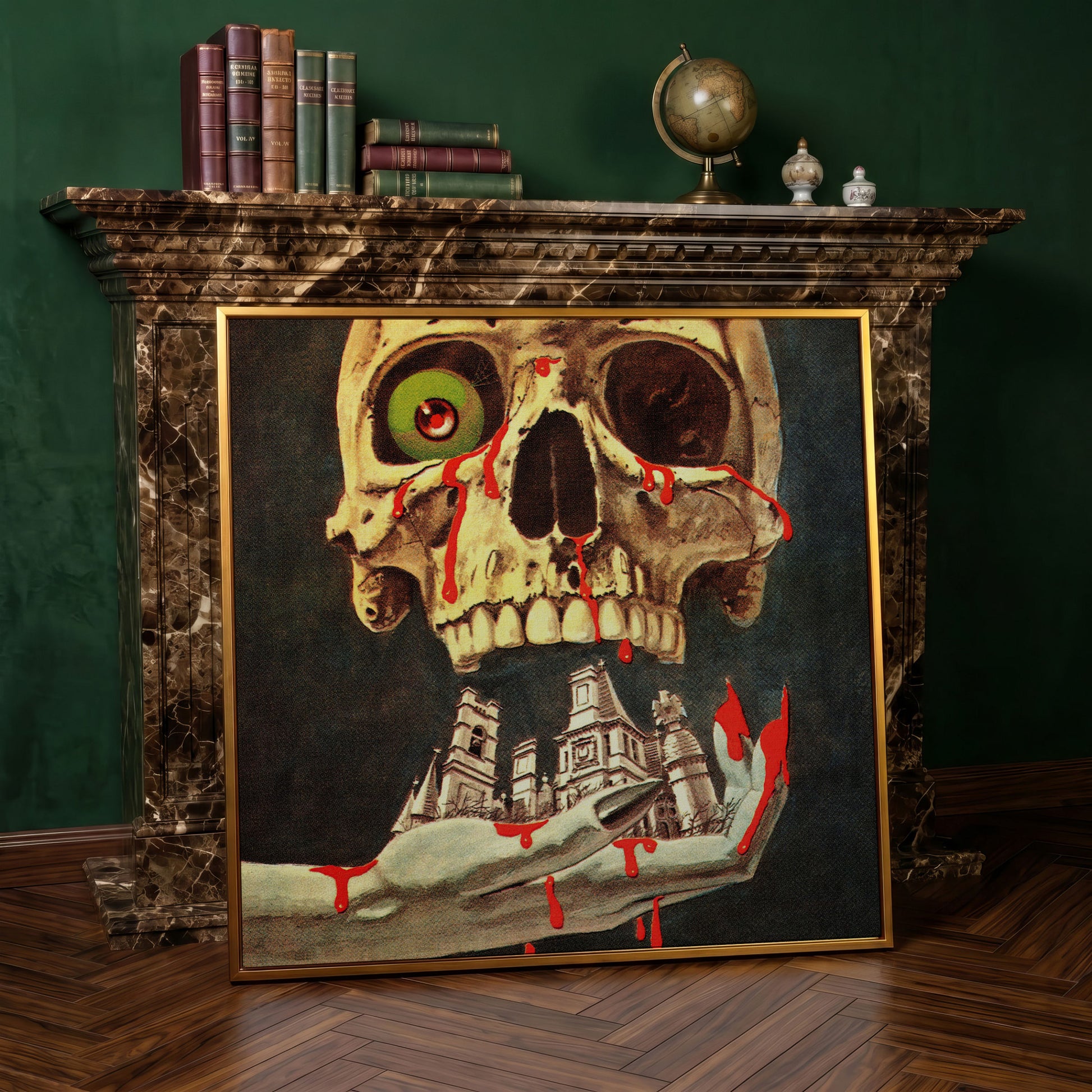 Bloody Skull Retro Horror Canvas in antique gold floating frame