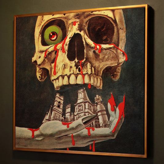 Bloody Skull Retro Horror Canvas shown in antique gold floating frame