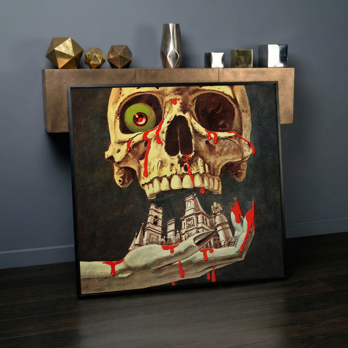 Bloody Skull Retro Horror Canvas in black floating frame