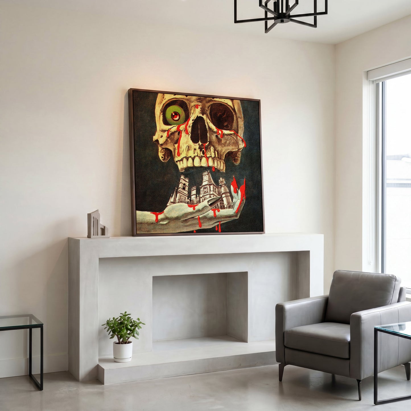 Bloody Skull Retro Horror Canvas in dark walnut floating frame