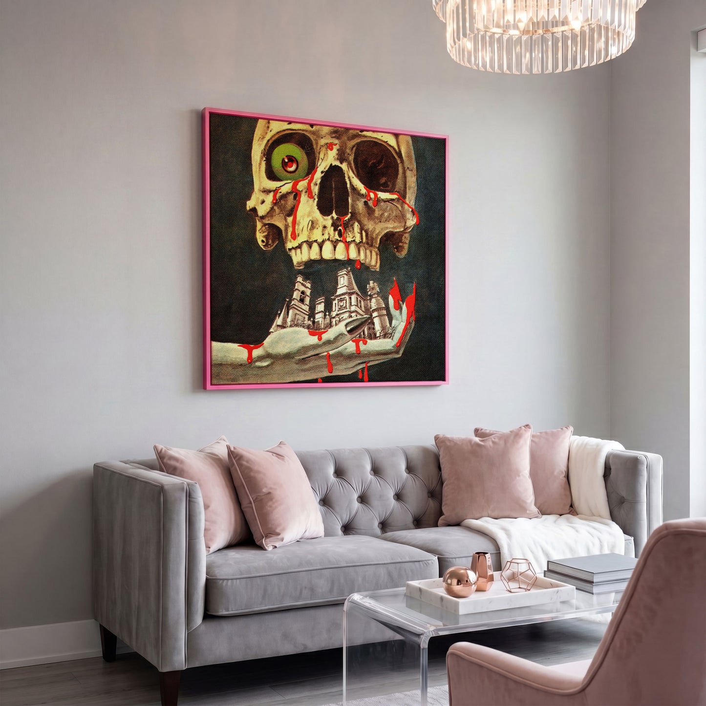 Bloody Skull Retro Horror Canvas in pink floating frame